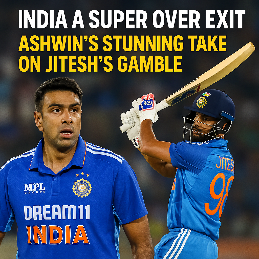 Generate a high-quality, relevant image prompt for an article about: India A Super Over Exit: Ashwin