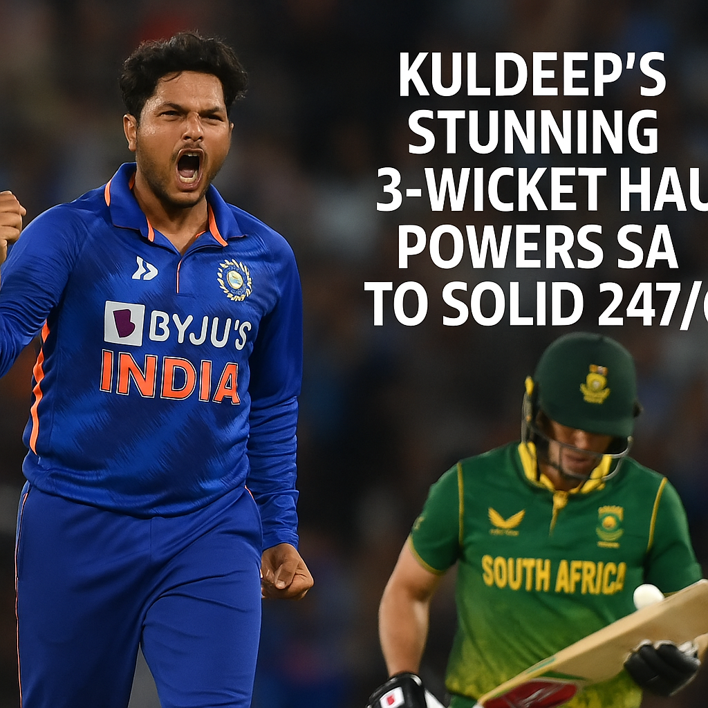 Generate a high-quality, relevant image prompt for an article about: Kuldeep’s Stunning 3-Wicket H